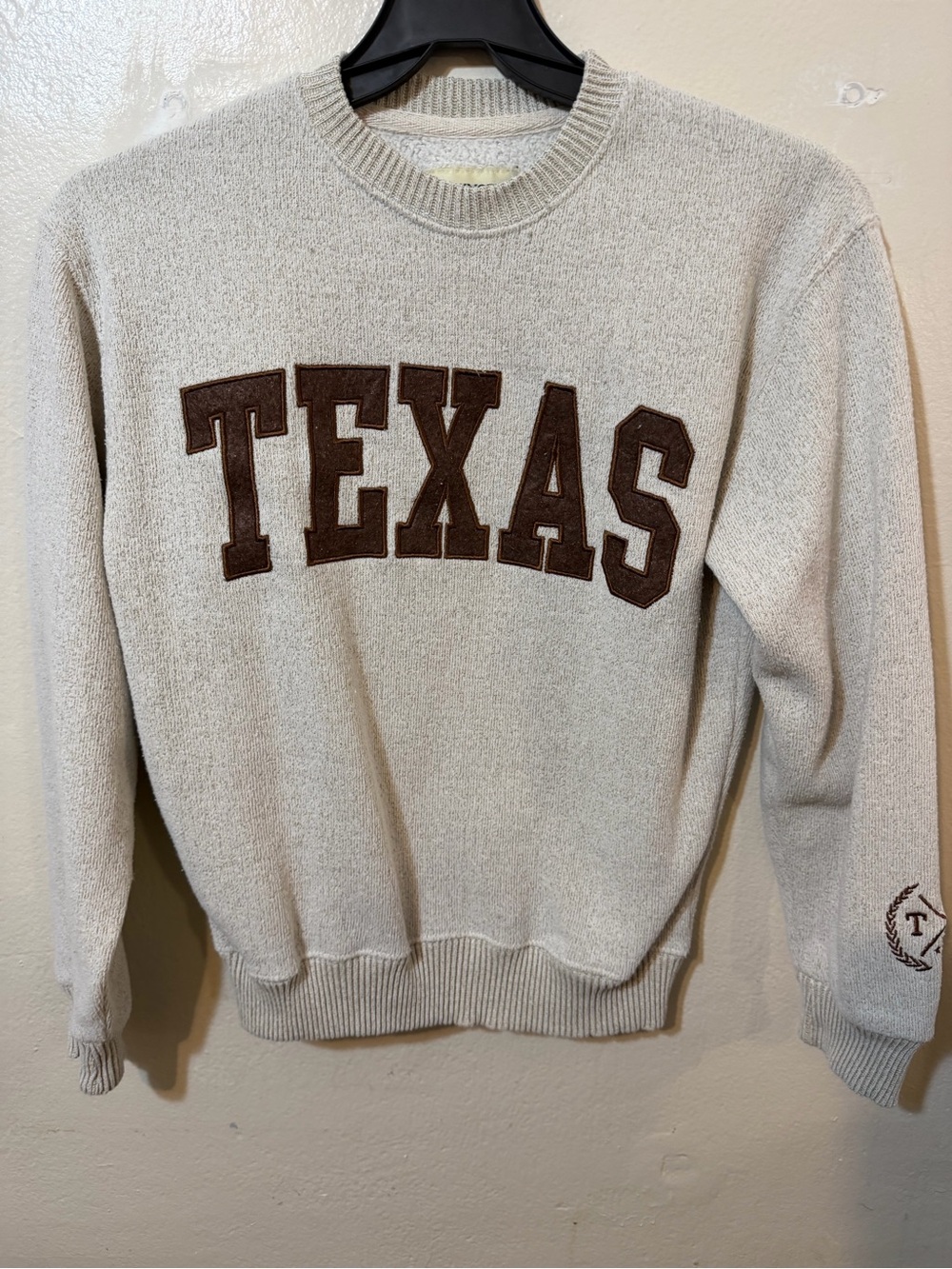 Classic Crewneck Sweater in Cream with Brown Texas Appliqué